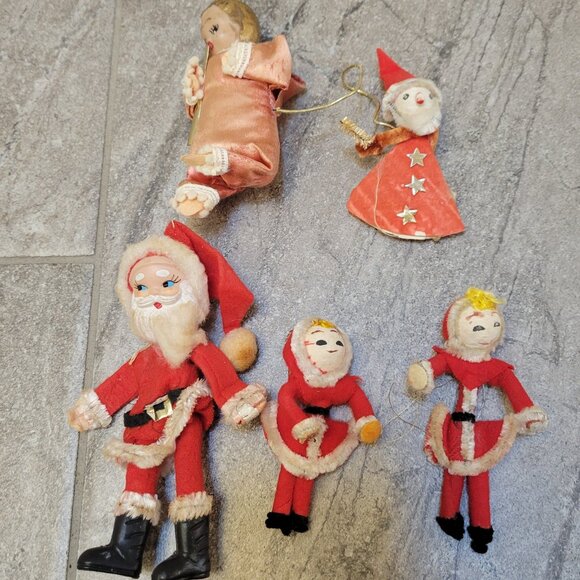 Vtg~KITSCHY~Christmas Ornament Lot 5 Japan Santa Angel Pixie Elves Flocked Bead - Picture 1 of 7